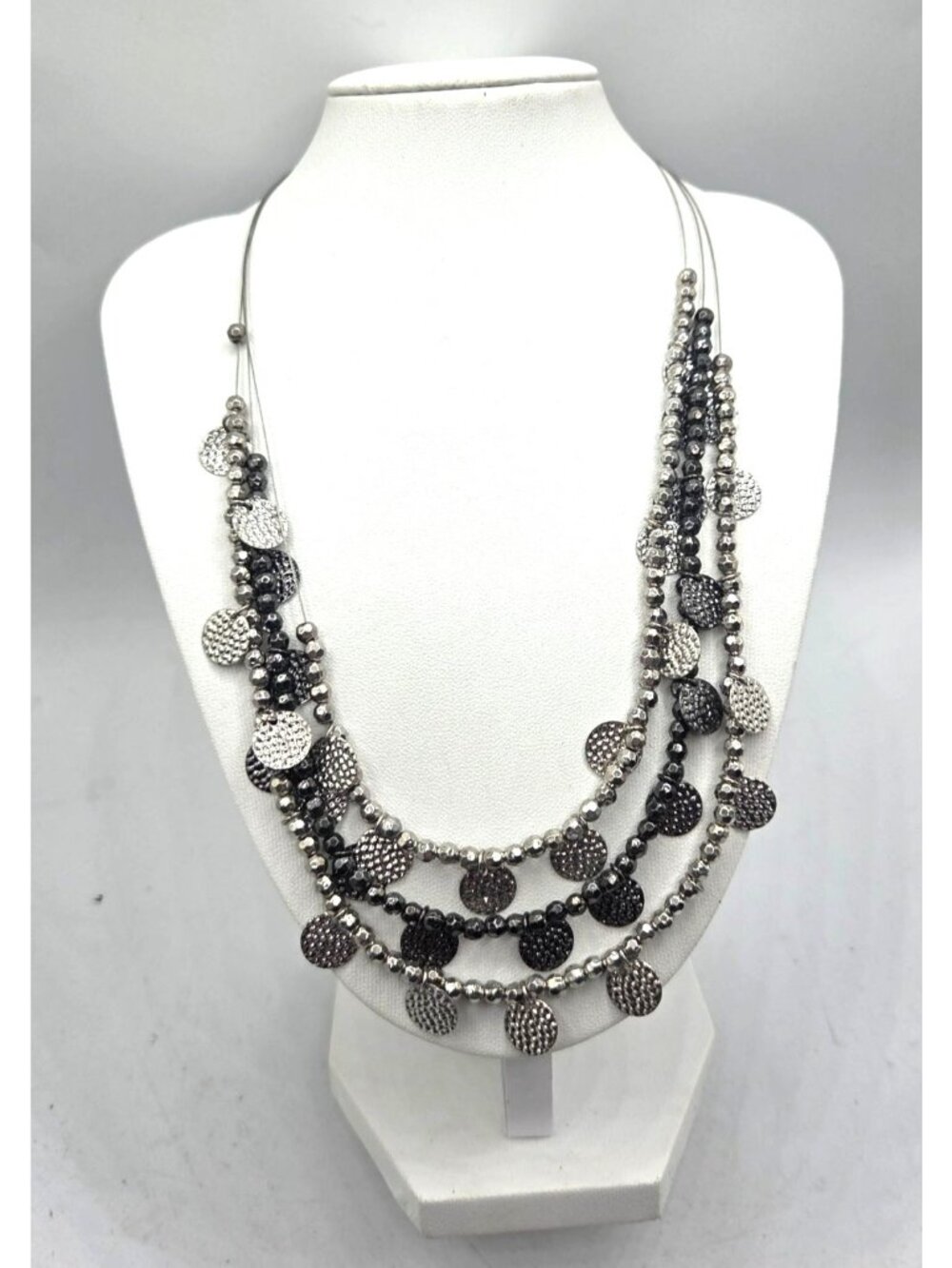 Layered Silver Tone & Black Beaded Necklace With Textured Disc Charms Multi-Stra